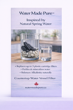 "Home water filter beside a glass of clean water on a kitchen countertop — zero-waste, made in Canada."