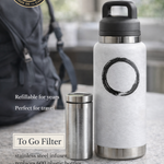 White water bottle with black lid on a countertop, with text about refillability and sustainability.